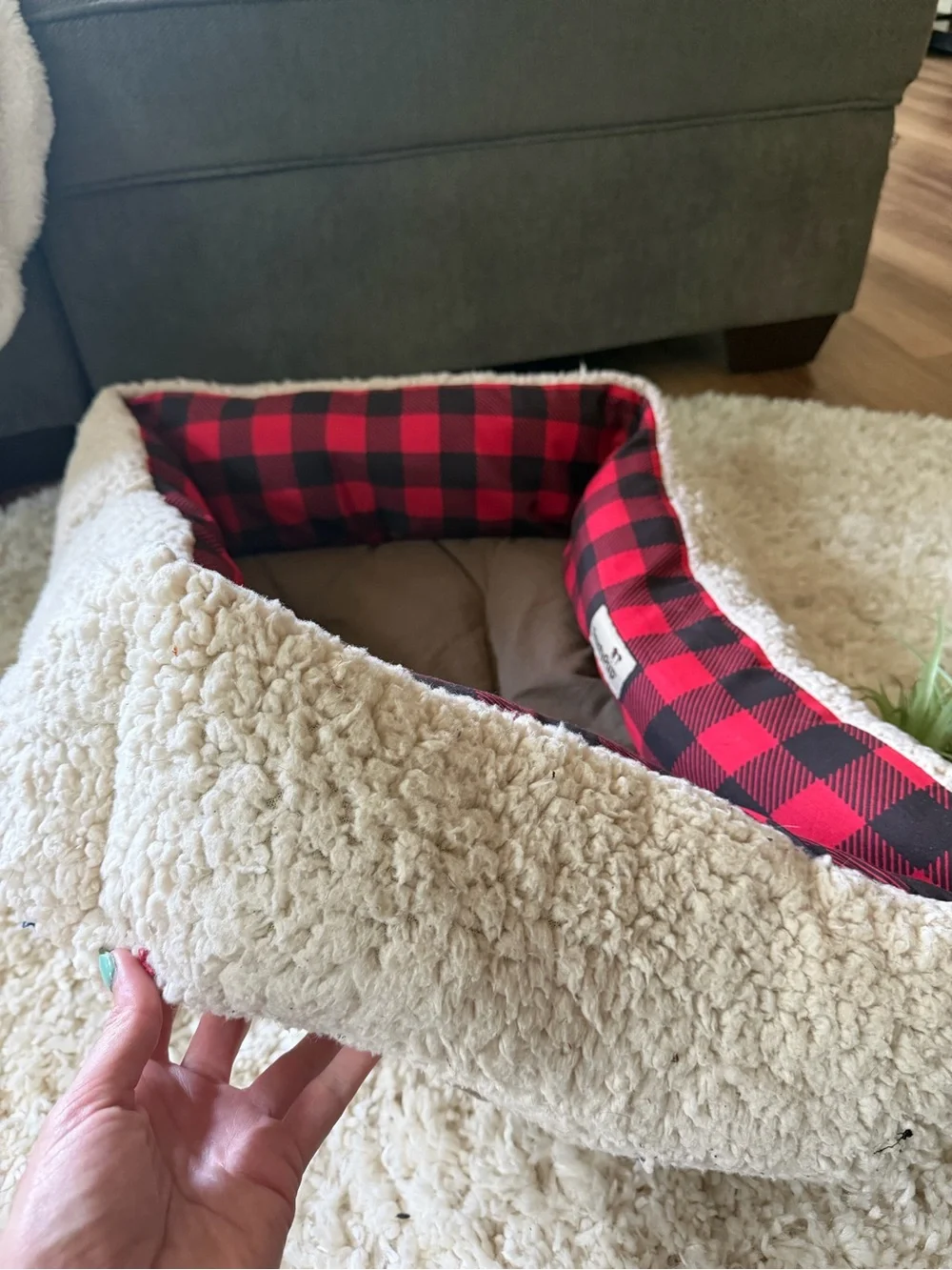 Cozy Sherpa Dog Bed with Red Buffalo Plaid Trim